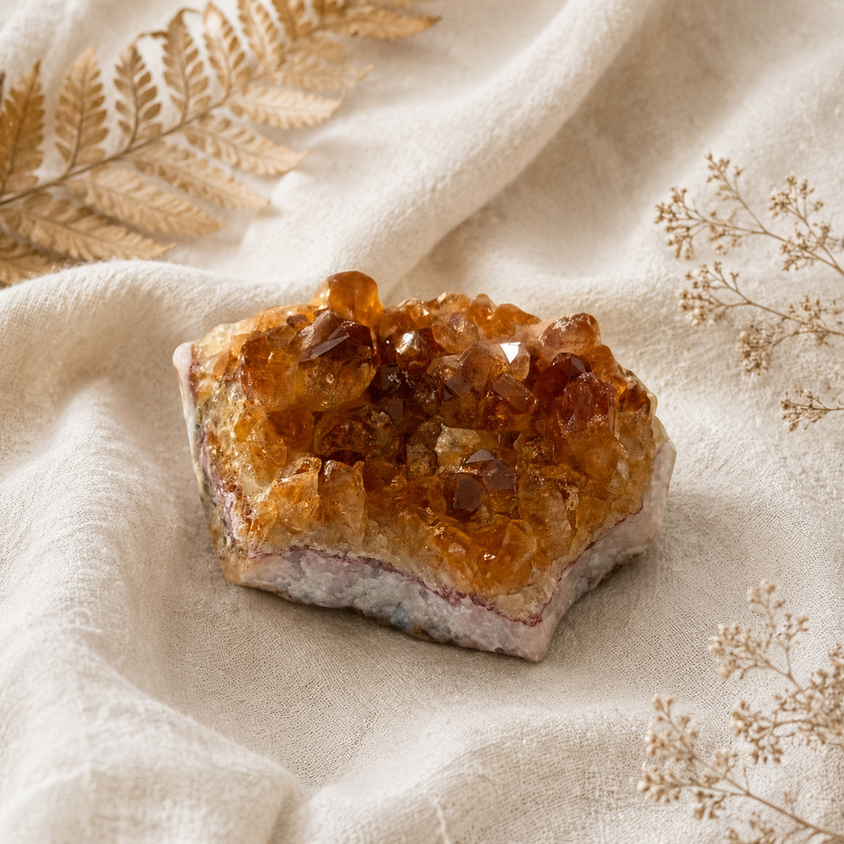 A raw citrine crystal cluster specimen resting on draped beige linen fabric with dried botanical elements in the corners.