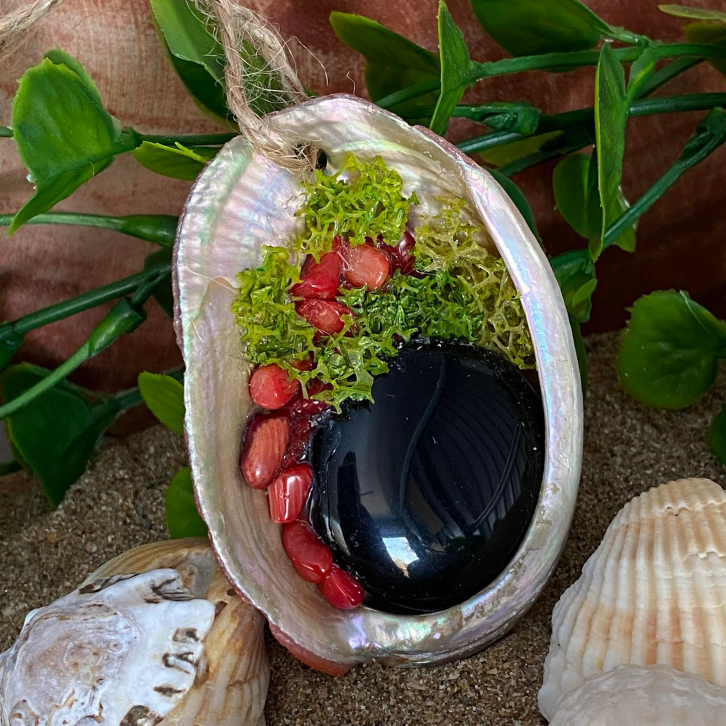 Red Coral and Black Obsidian and Abalone Shell