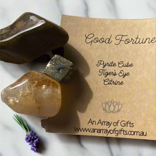 Abundance & Prosperity Crystal Kit with pyrite cube, citrine and tiger's eye tumble stones