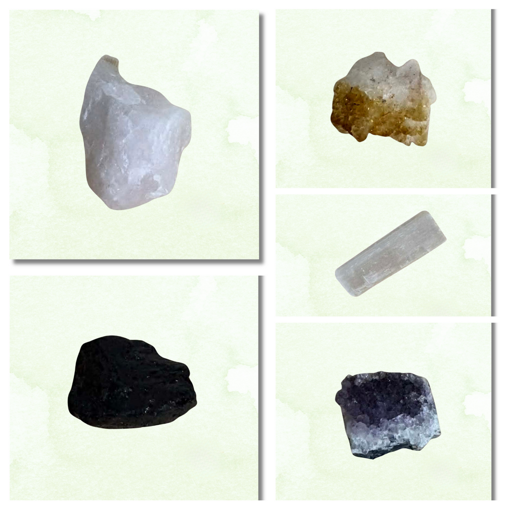 Close up collage of amethyst, rose quartz, citrine, black tourmaline and selenite crystals