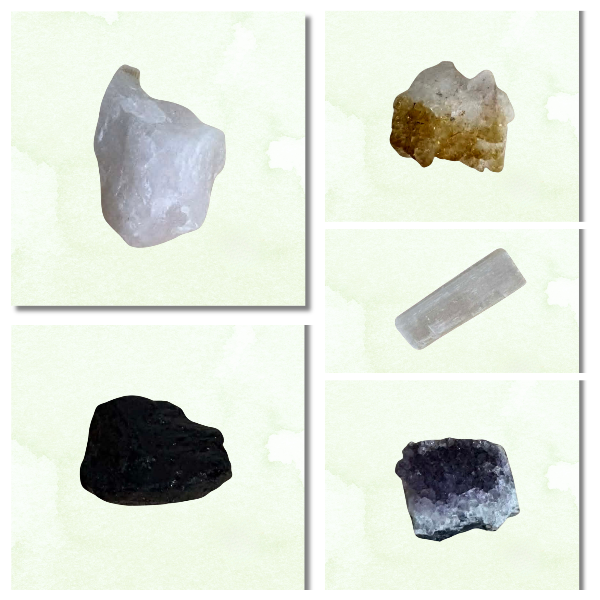 Close up collage of amethyst, rose quartz, citrine, black tourmaline and selenite crystals