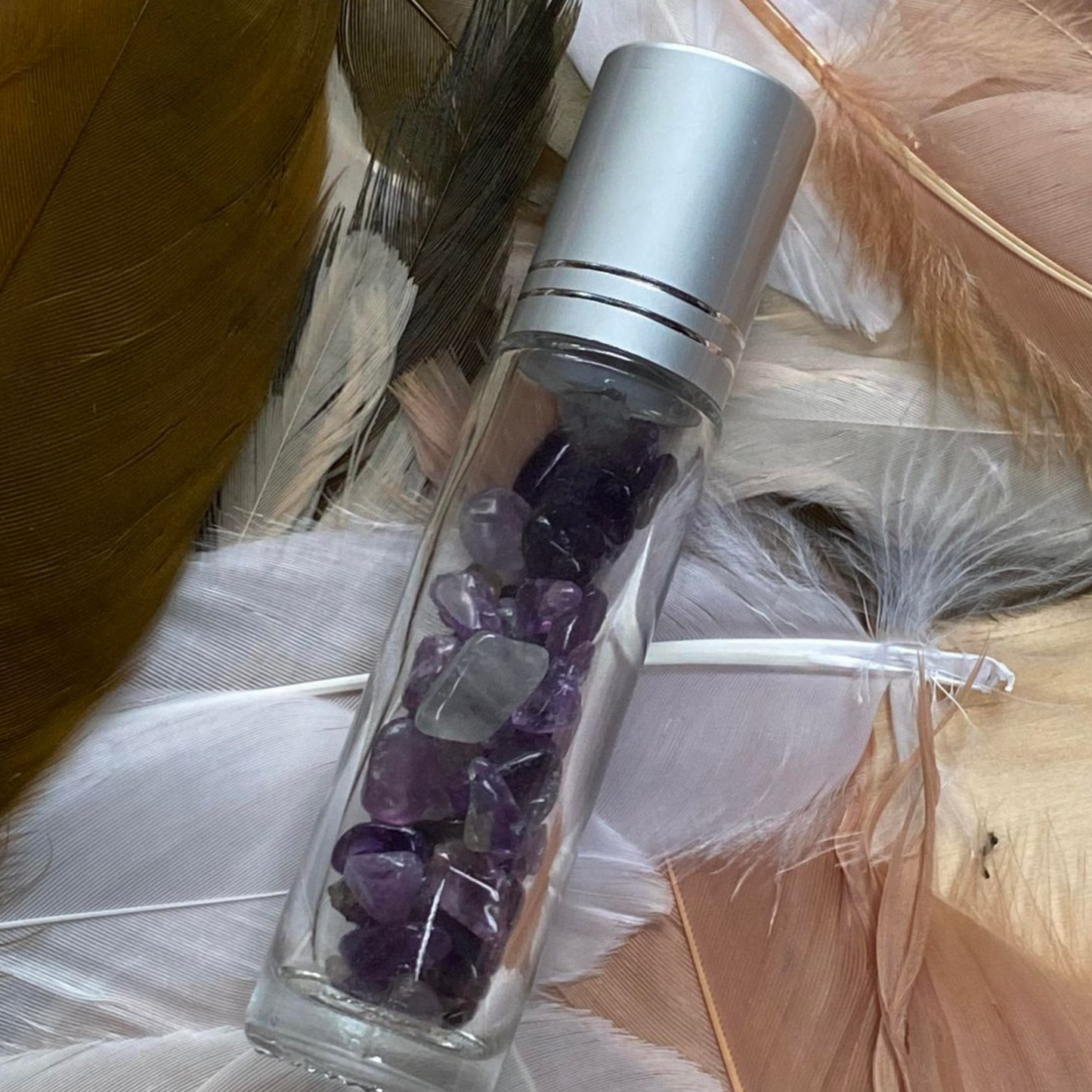 Essential Oil Roller Bottle with Amethyst Crystal Chips