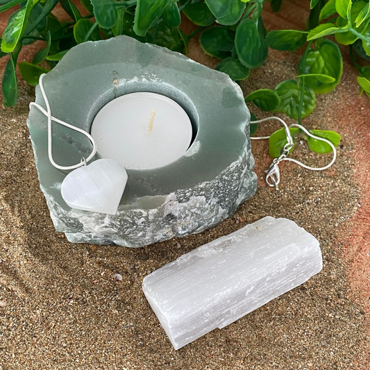 Aventurine Candle Holder, Selenite Raw Rod and Selenite Heart Necklace
