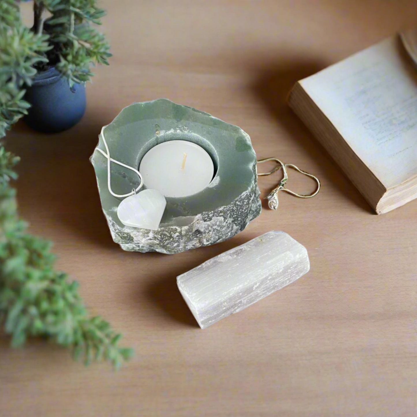 Aventurine Candle Holder & Selenite Heart Pendant Gift Set | Serenity, Abundance & Spiritual Harmony