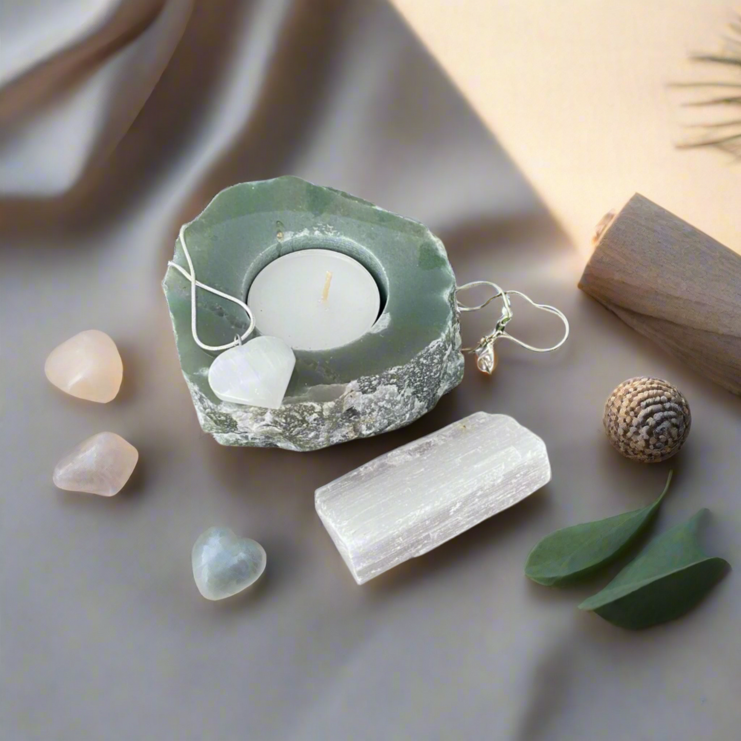 Aventurine Candle Holder & Selenite Heart Pendant Gift Set | Serenity, Abundance & Spiritual Harmony