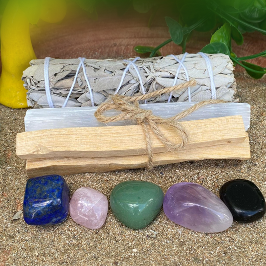 Beginner Crystal Cleansing Kit - Sage, Selenite, Palo Santo,Tumble Stones