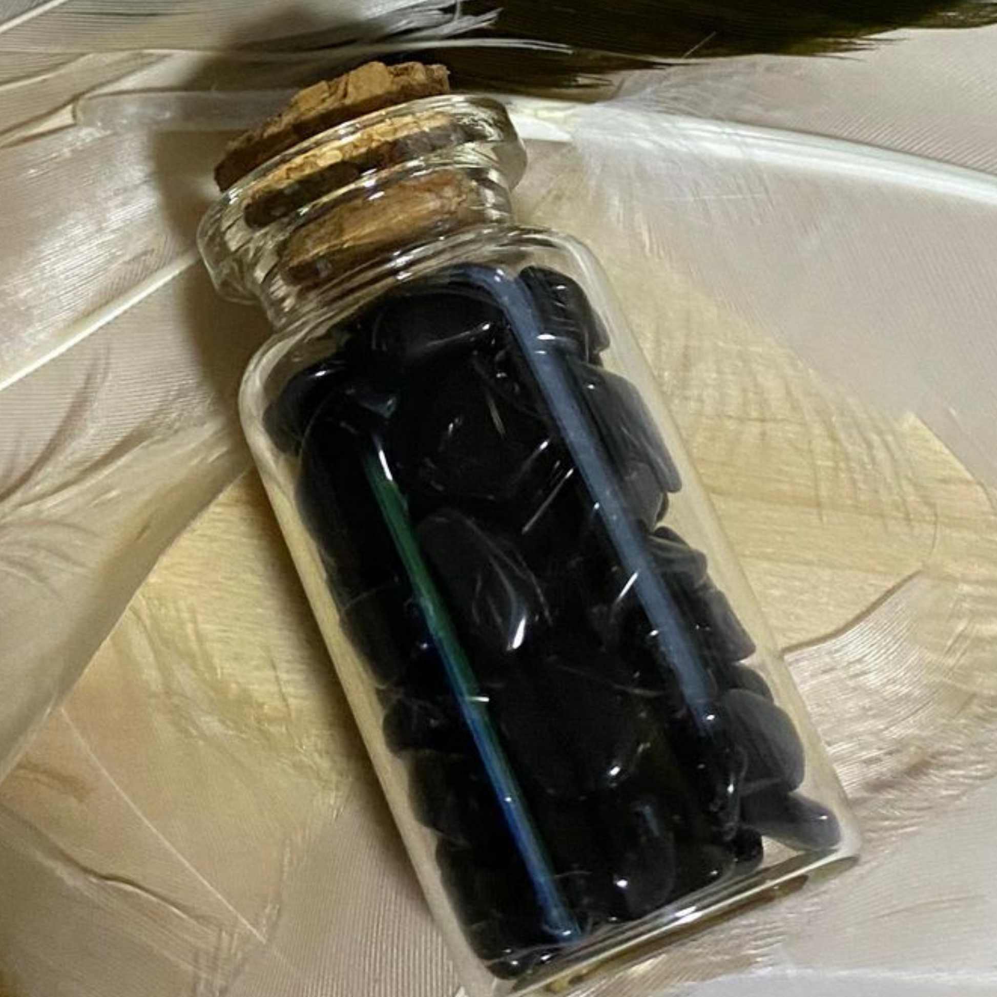 Black Obsidian Crystal Chips in Small Glass Bottle