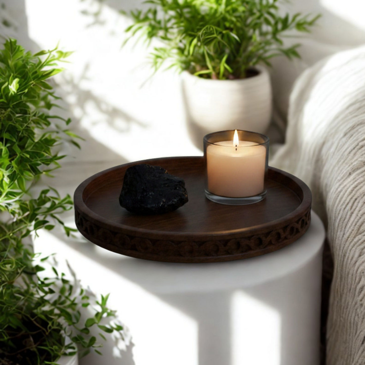 Black tourmaline crystal placed in workspace or home for energy protection, grounding and stress relief