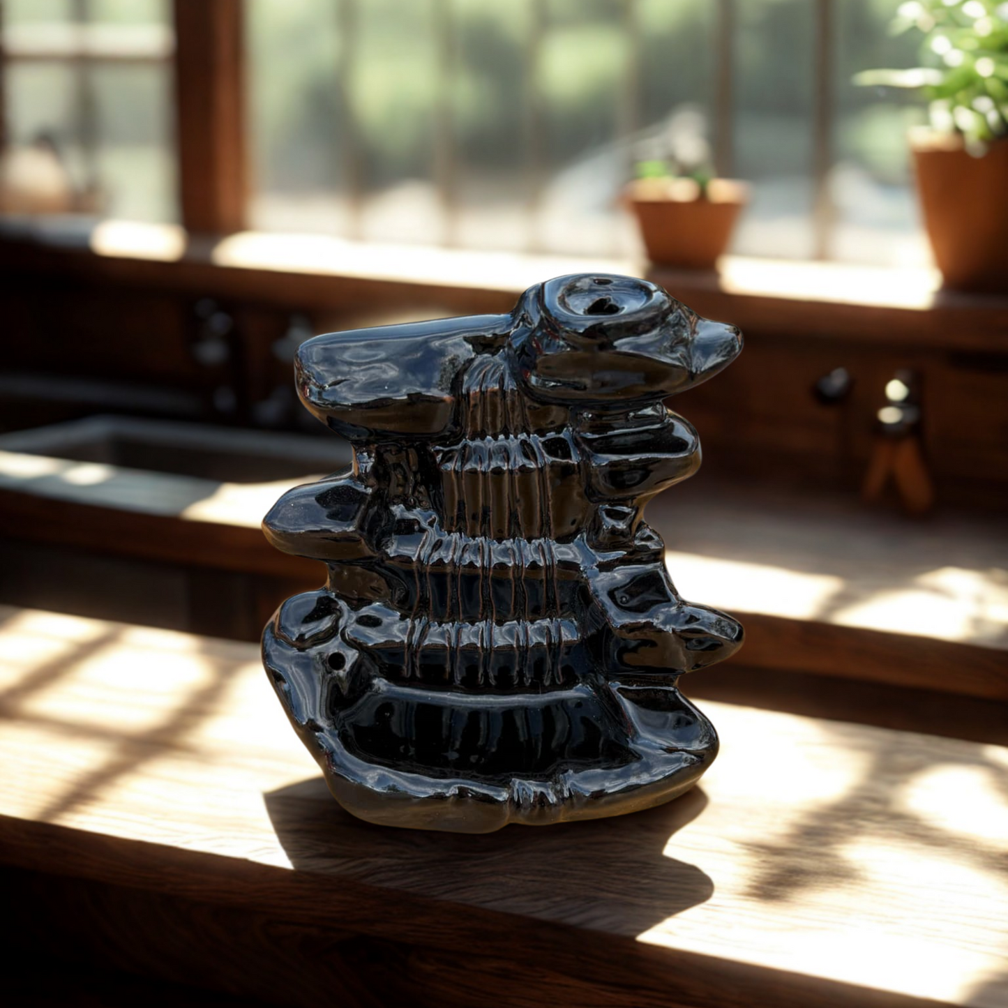 Decorative backflow burner on a wooden surface 