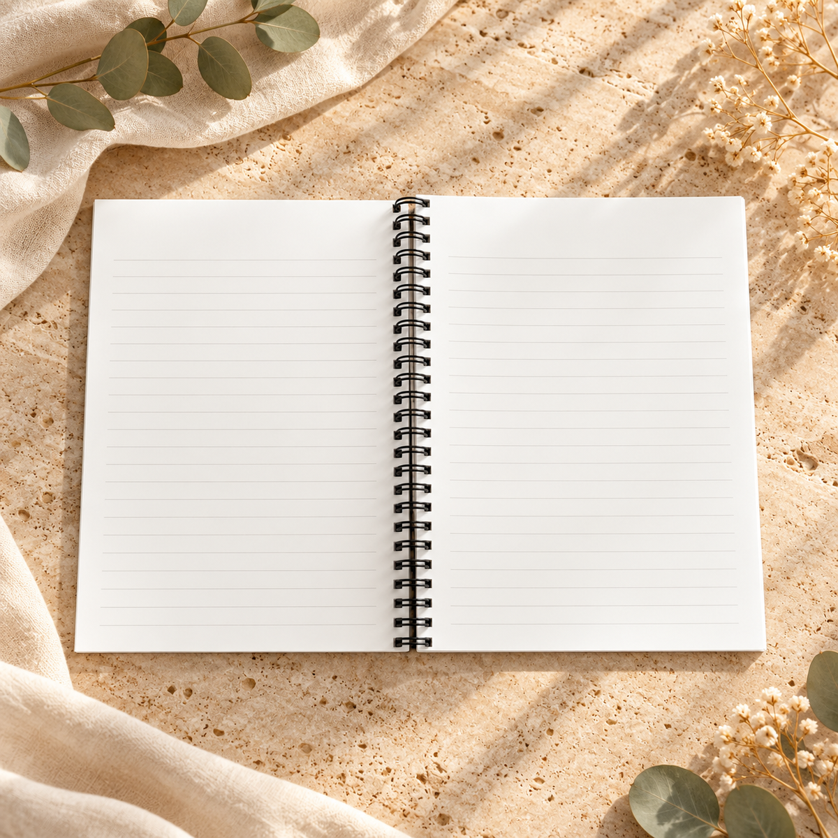 An open lined spiral notebook with a black wire binding, photographed from above on a warm beige textured surface with soft fabric and dried floral props.