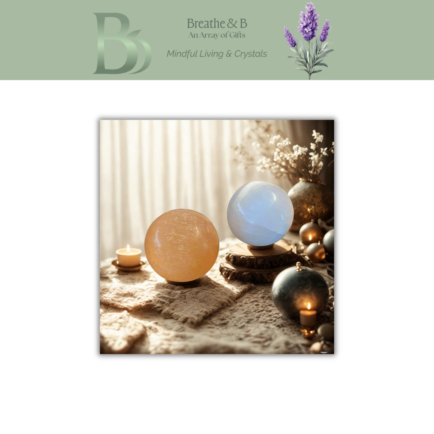 Decorative scene with colorful spherical objects on a textured surface, featuring the brand 'Breathe & B'.