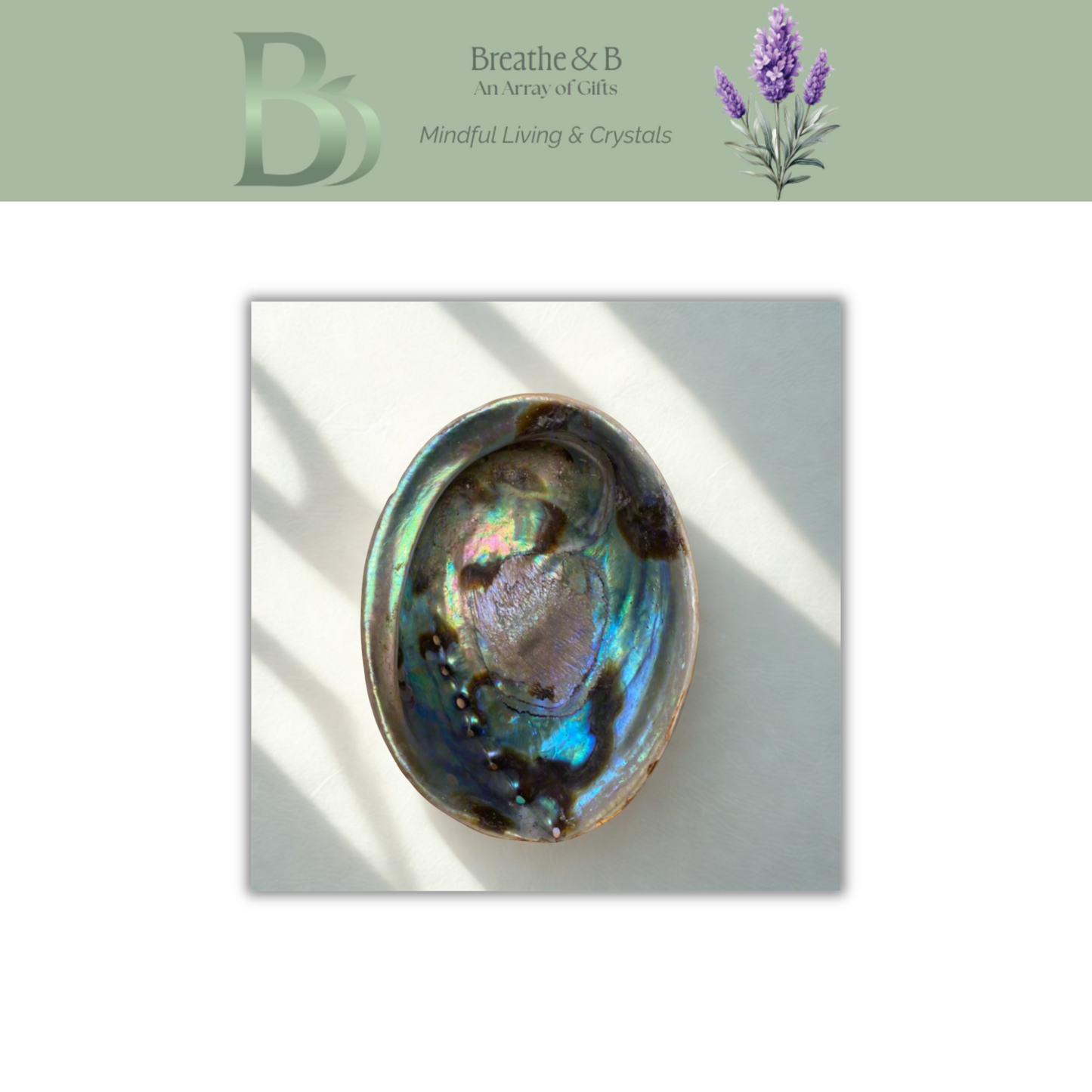 Natural abalone shell smudging bowl with iridescent blue green and purple tones, spiritual cleansing dish for sage palo santo and meditation rituals with Breathe & B branding