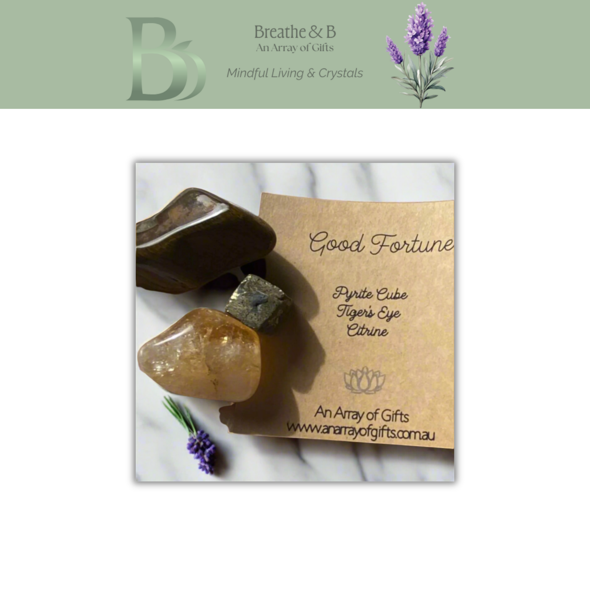Abundance & Prosperity Crystal Kit displayed with Breathe and B branding