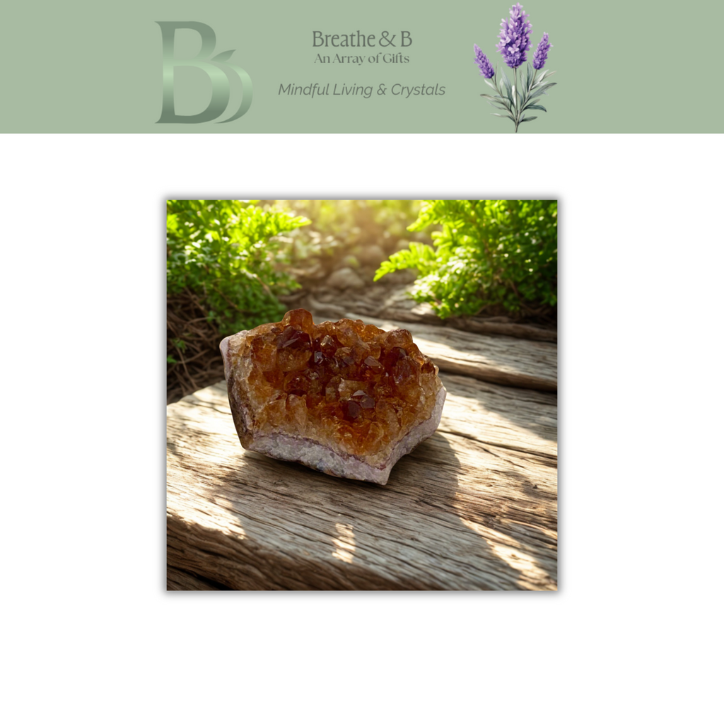 Crystal on a wooden log with a natural background, featuring the brand 'Breathe & B'.