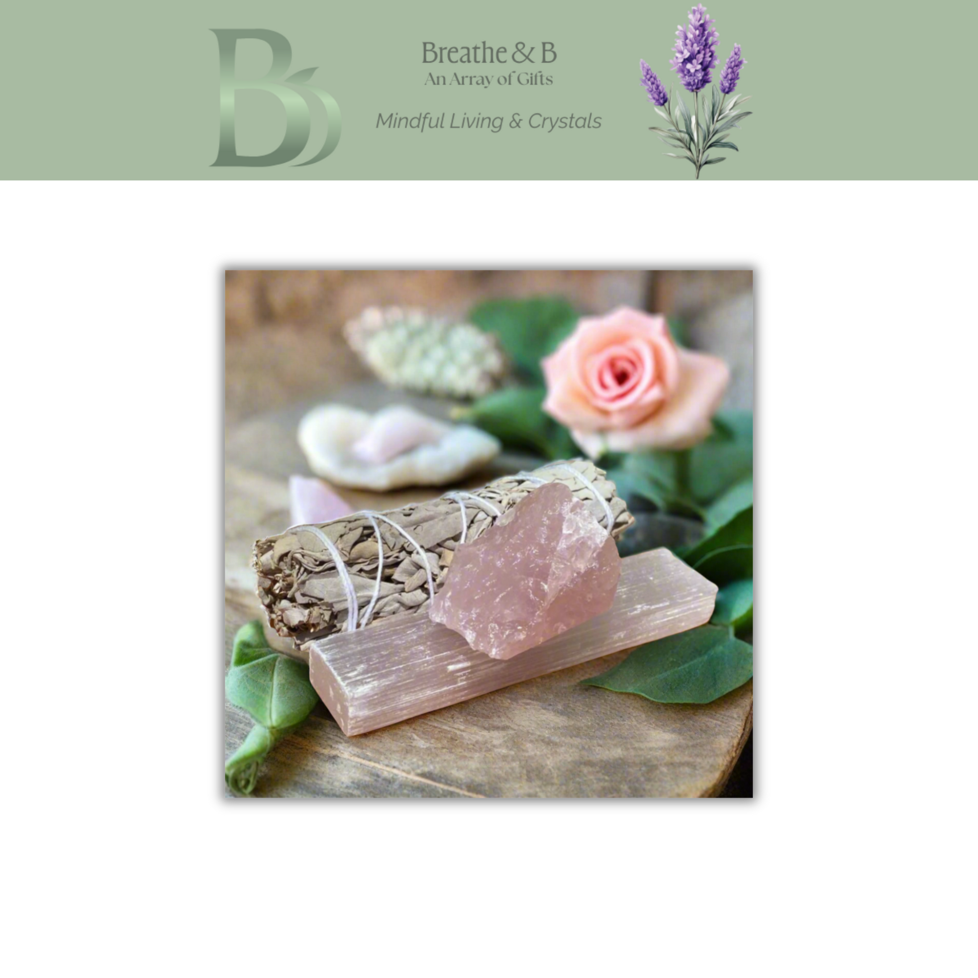 Heart healing and self love crystal kit displayed with Breathe and B branding
