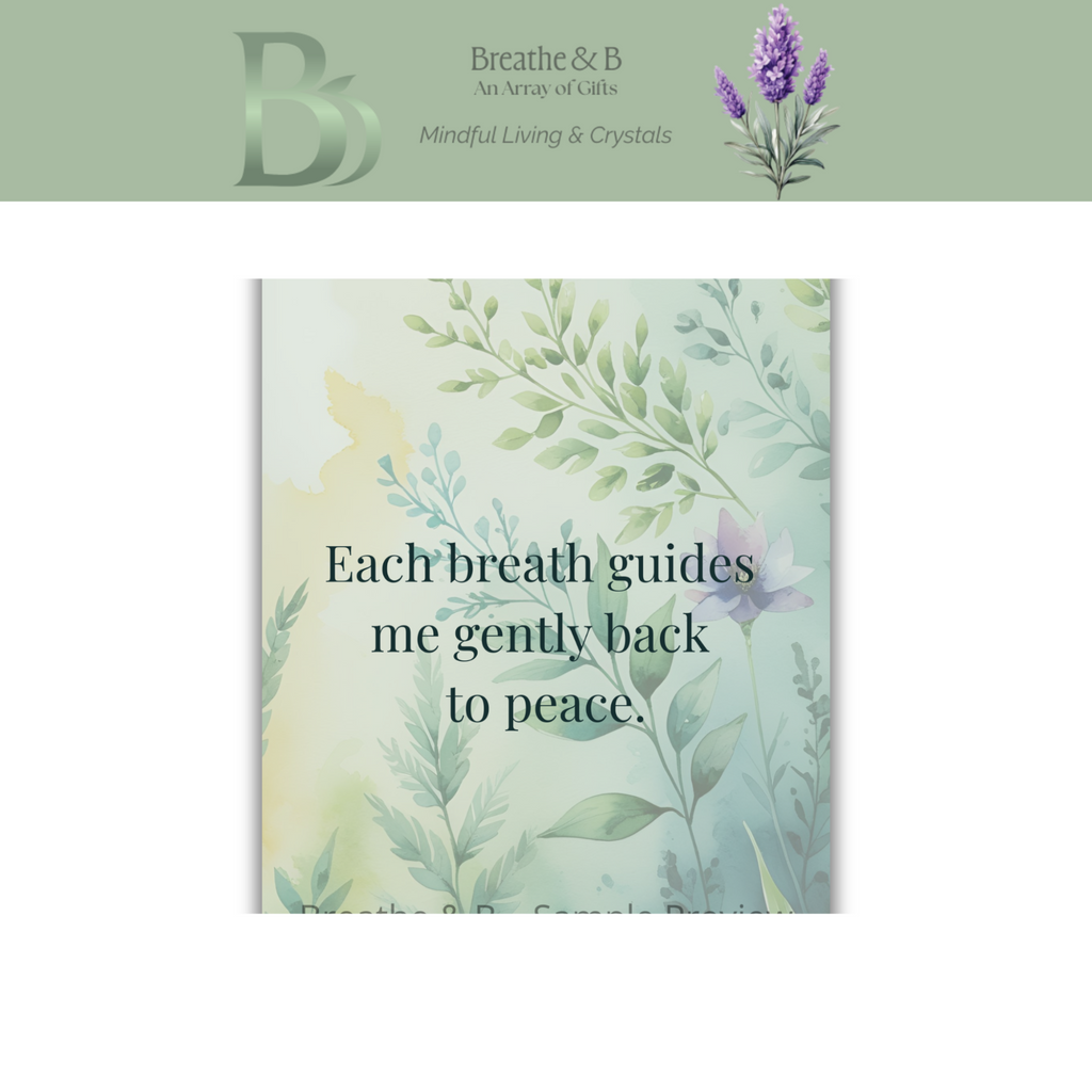Card with floral design and inspirational quote on a light green background, featuring the brand 'Breathe & B'.