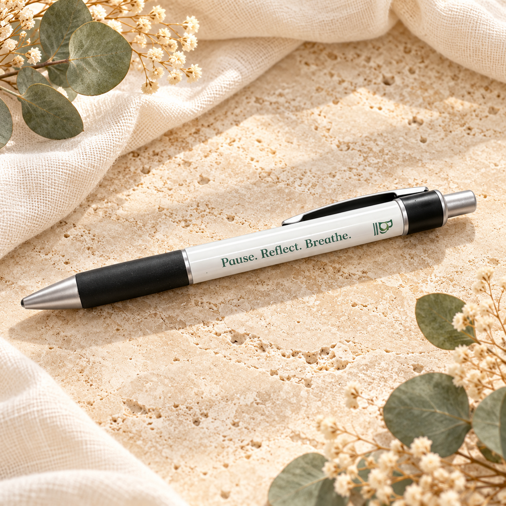A white and black retractable pen with the words 'Pause. Reflect.