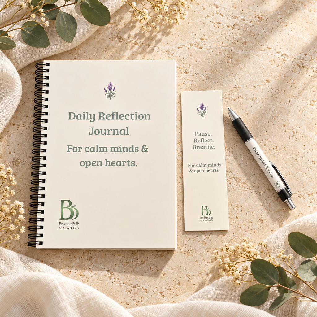 A spiral-bound daily reflection journal with a matching bookmark and pen, styled on a textured beige surface with soft cream fabric and dried flowers. The journal and bookmark both read 'Daily Reflection Journal' and 'Pause, Reflect.