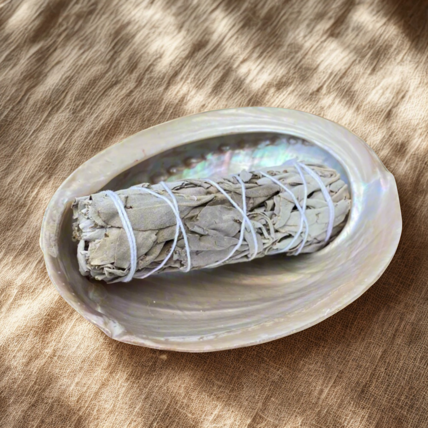 Bundled sage in a abalone shell on a wooden surface