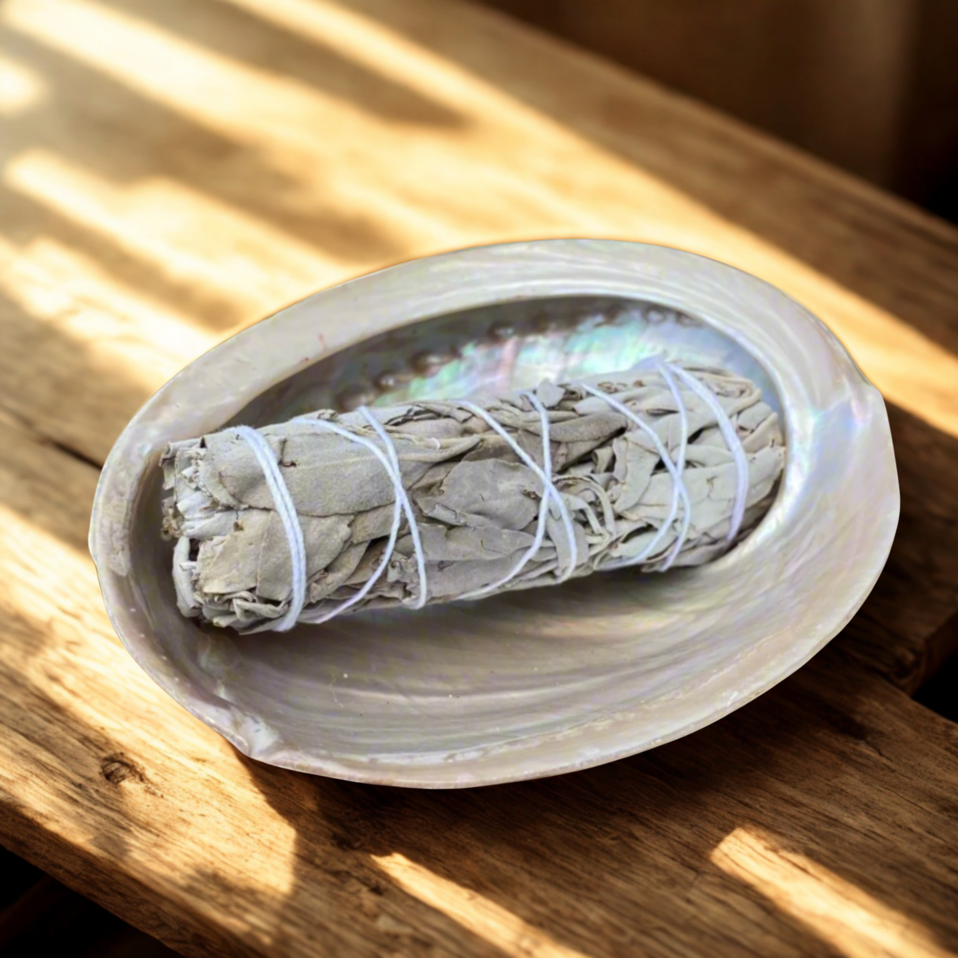 Bundled sage on aabalone shell on a wooden surface