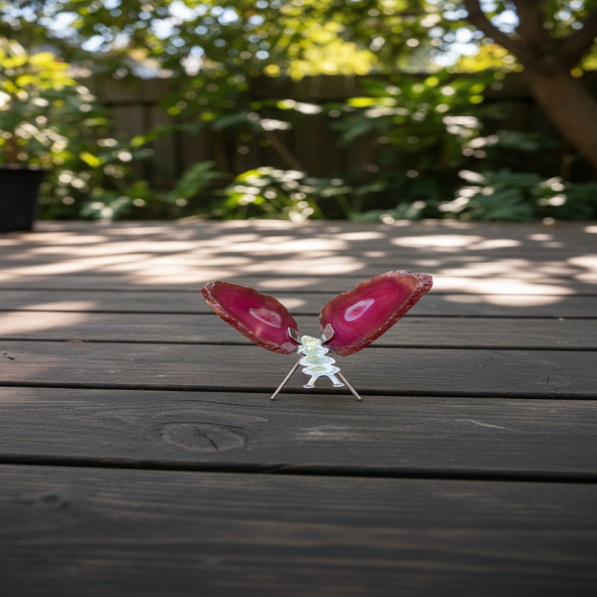 Pink agate butterfly on deck with blurred scenery