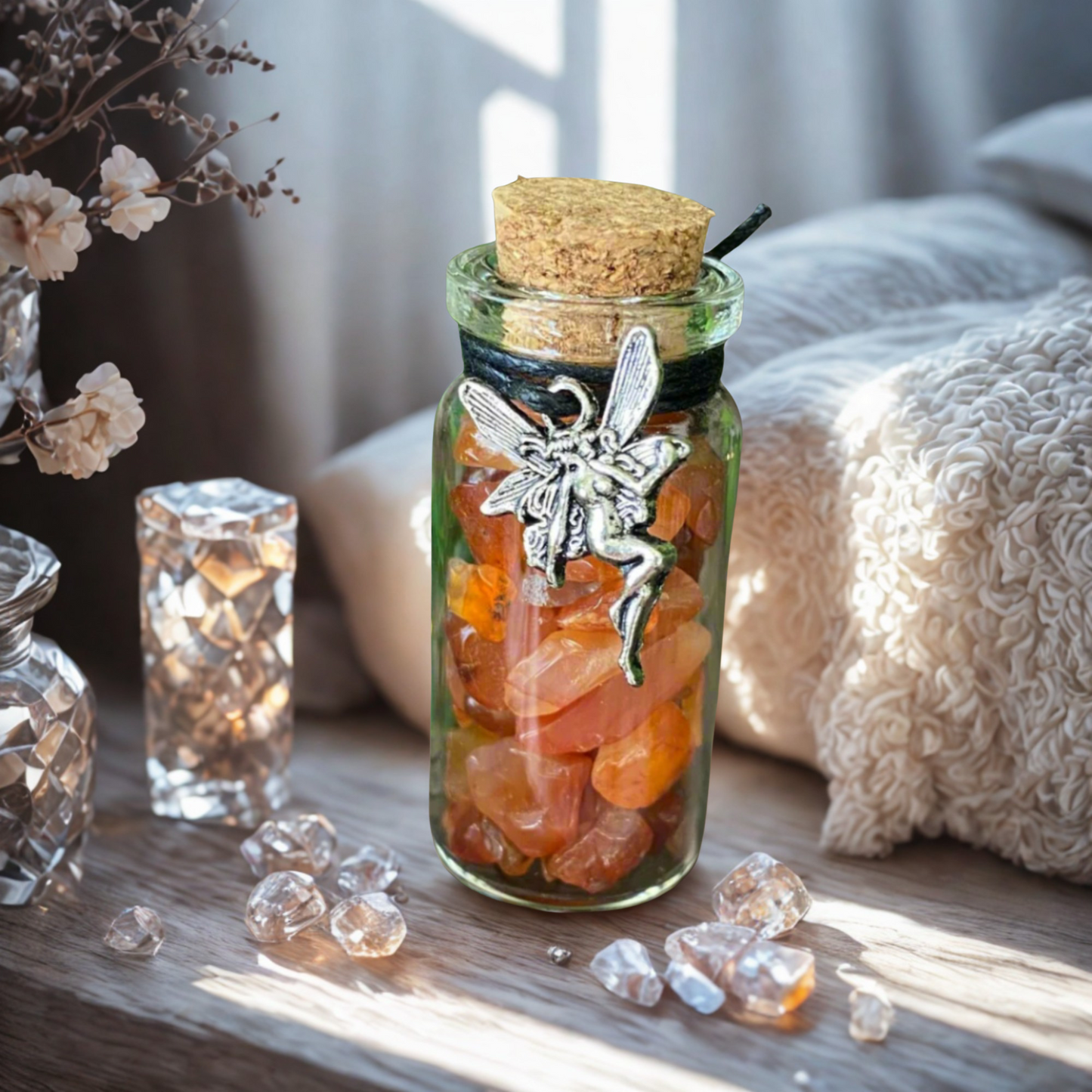 Glass jar with fairy decoration and carnelian crystal chips on a wooden surface