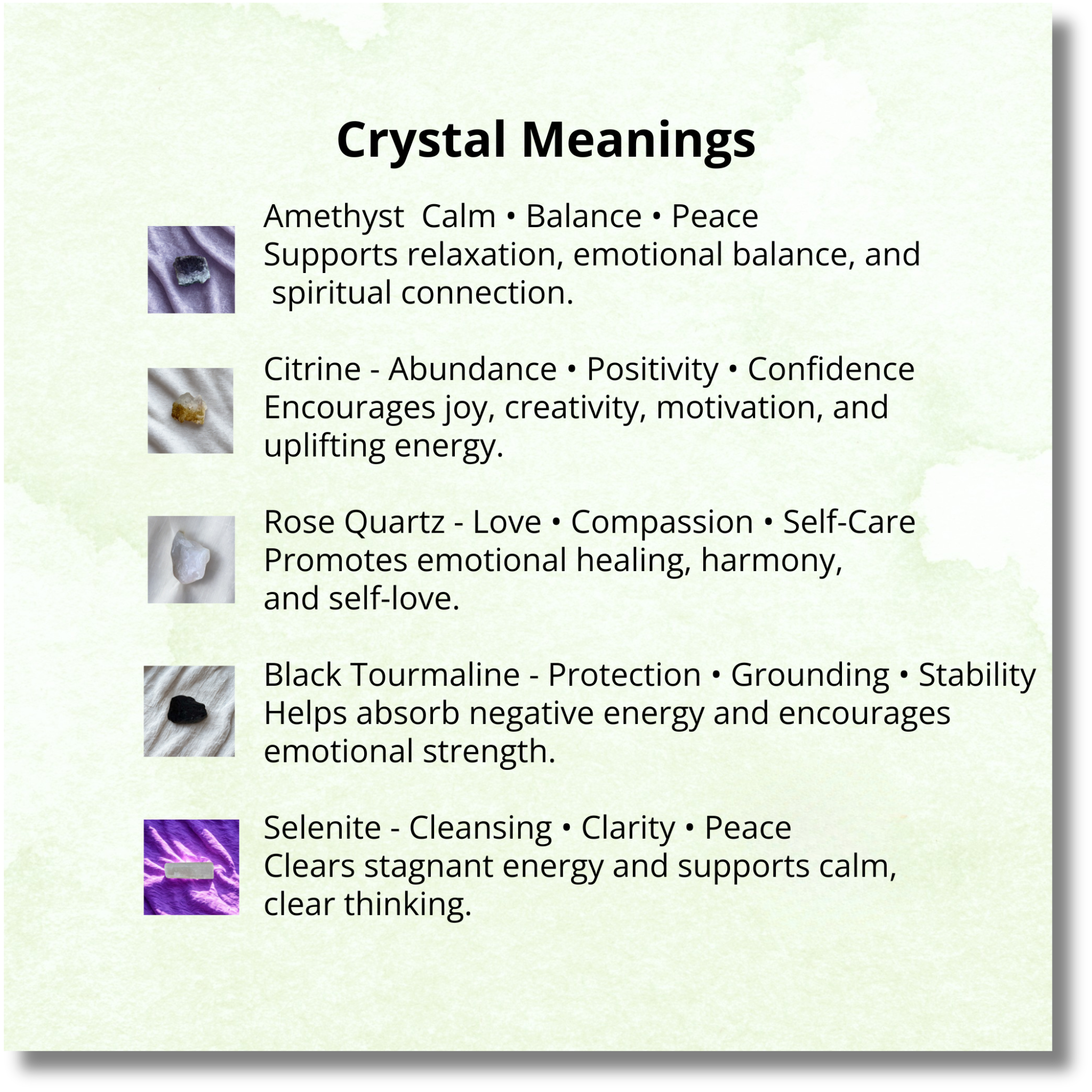 Chart detailing crystal meanings with corresponding images and descriptions.