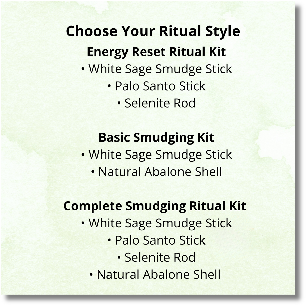 List of smudging ritual kits with items included on a light green background