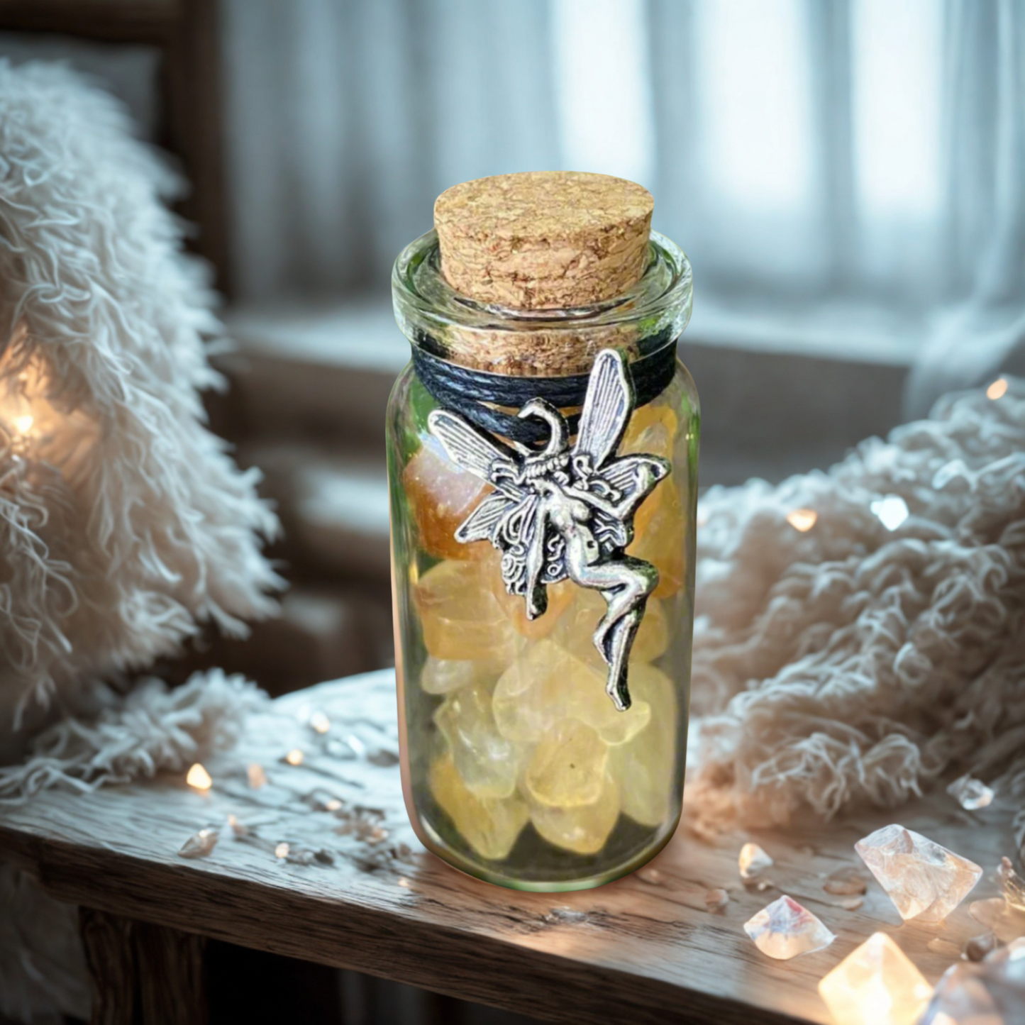 Decorative glass jar with fairy charm and citrine crystal chips on a wooden surface with soft lighting