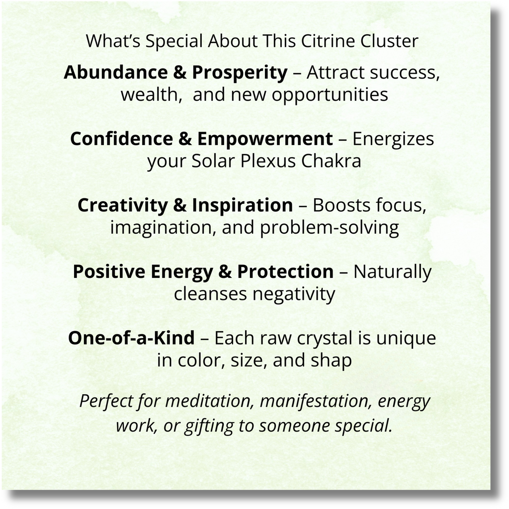 Citrine crystal cluster benefits graphic showing abundance, confidence, creativity, and positive energy properties, natural raw crystal for manifestation and spiritual practice