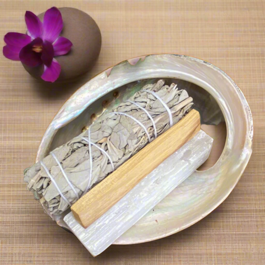Abalone Shell, Sage Smudge Stick, Palo Santo Stick and Selenite Rod