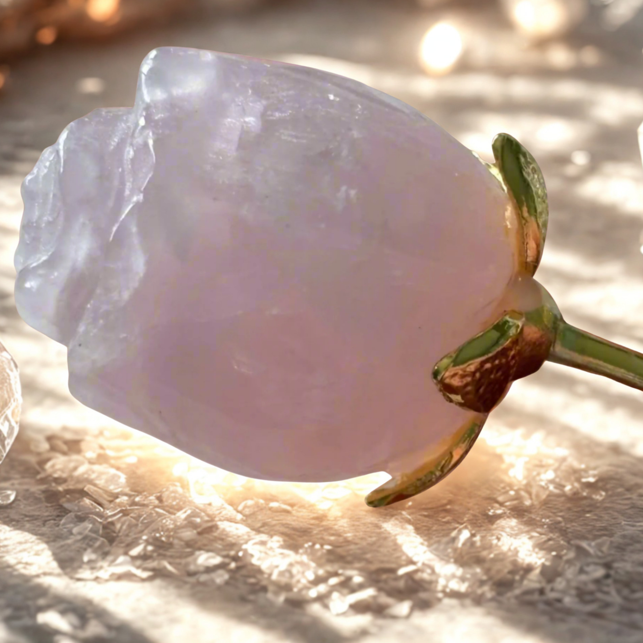 Close-up of a crystal rose with a textured surface on a blurred background