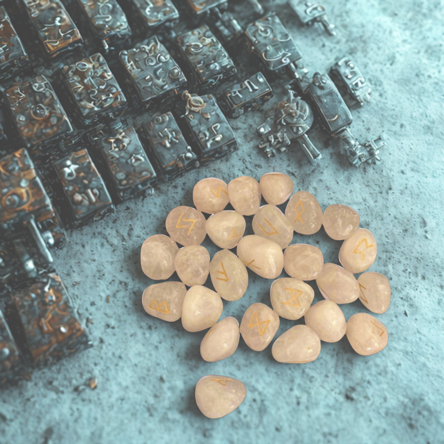 Close-up of ancient bronze keys and rose quartz runes on a textured surface