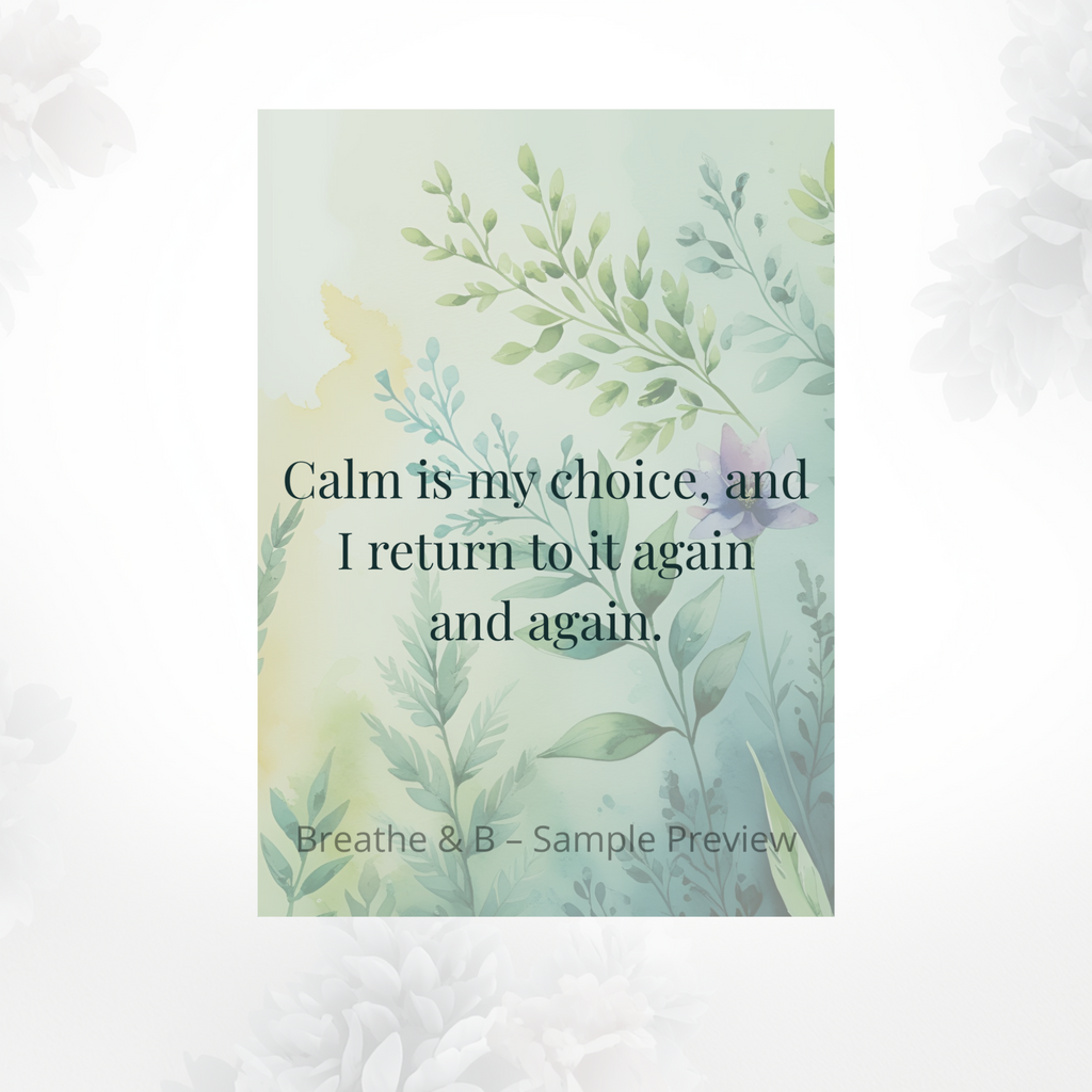 Close-up printable affirmation card with calming message for anxiety support, mindfulness and emotional wellbeing.