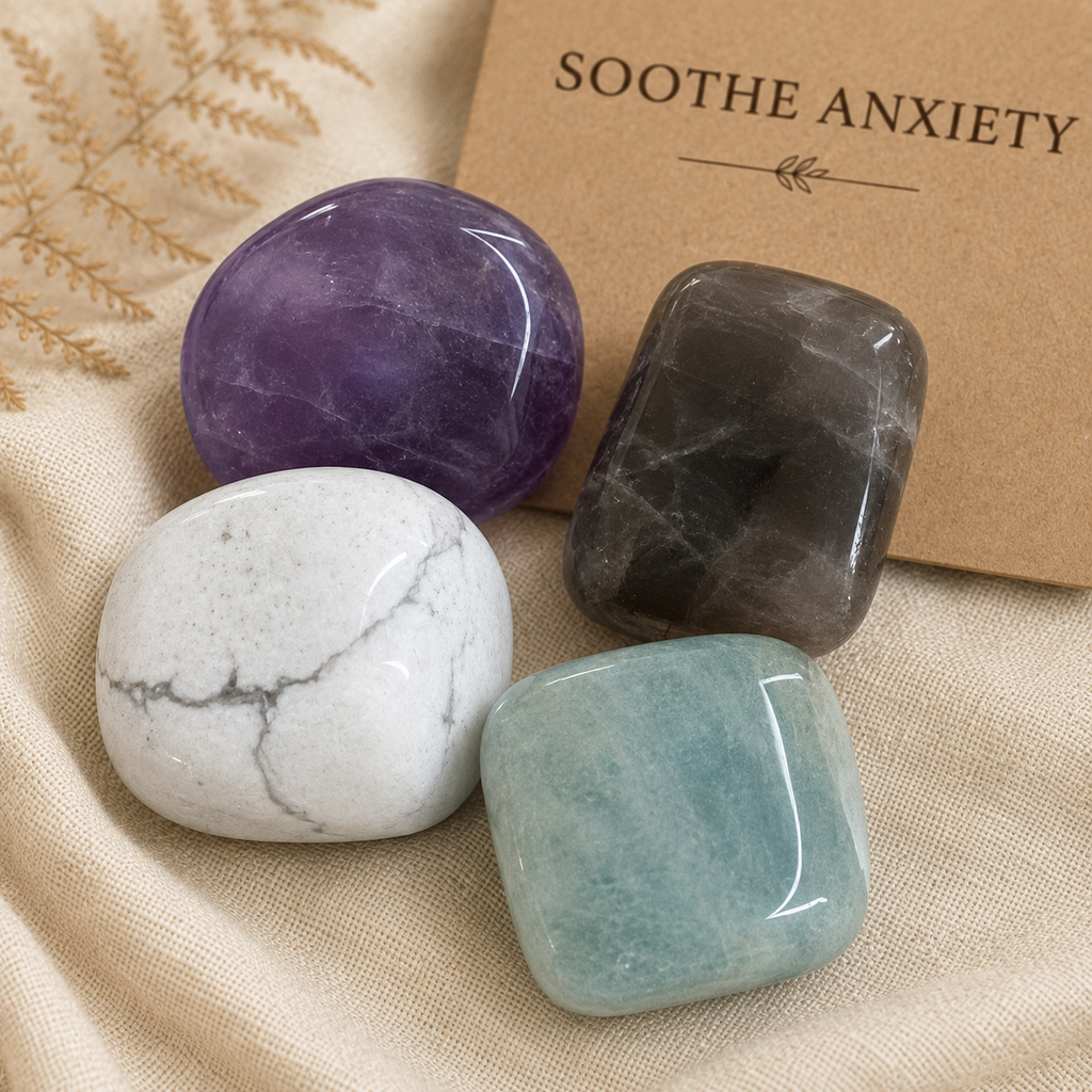 Four polished tumbled stones arranged on beige fabric with a kraft card reading “SOOTHE ANXIETY” behind them: a purple stone, a dark gray stone, a white stone with gray veining, and a light aqua stone.