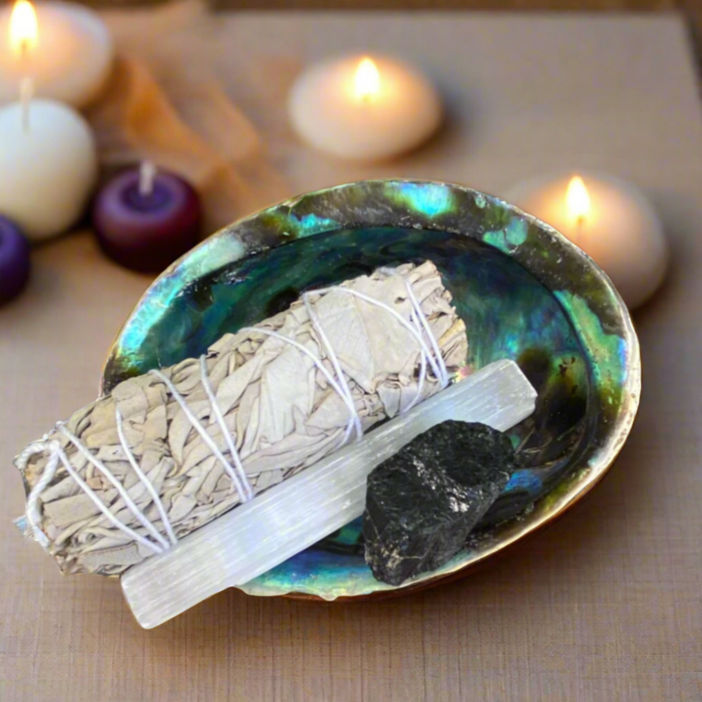 House cleansing and protection ritual kit with sage, selenite rod, black tourmaline and abalone shell for home energy clearing