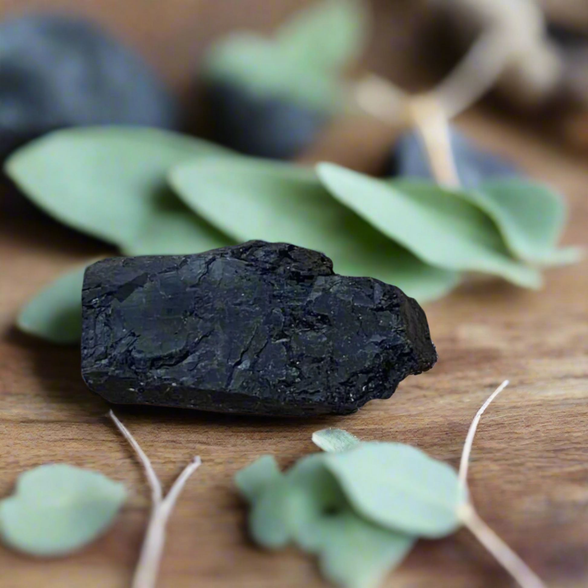 Black tourmaline crystal used for protection and grounding in a home cleansing ritual kit