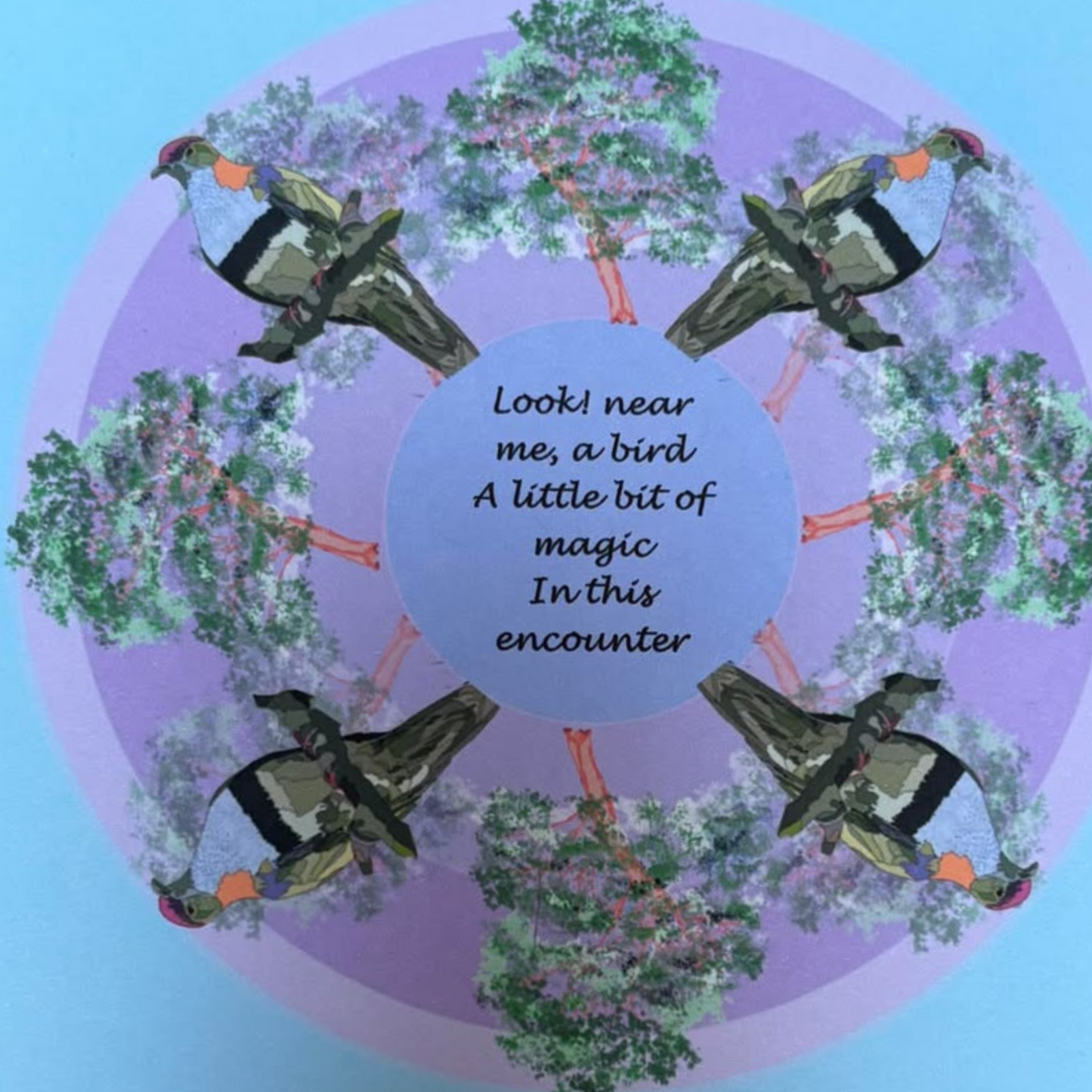 Close up of fruit dove bird mandala greeting card collection showing front artwork designs