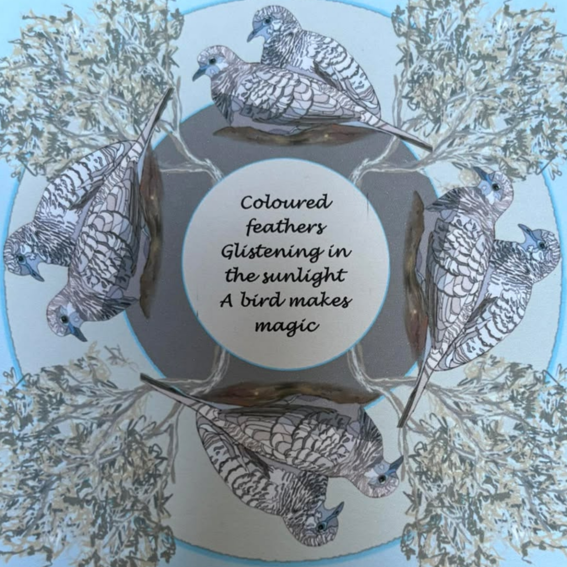 Close up of peaceful dove mandala greeting card collection showing front artwork designs