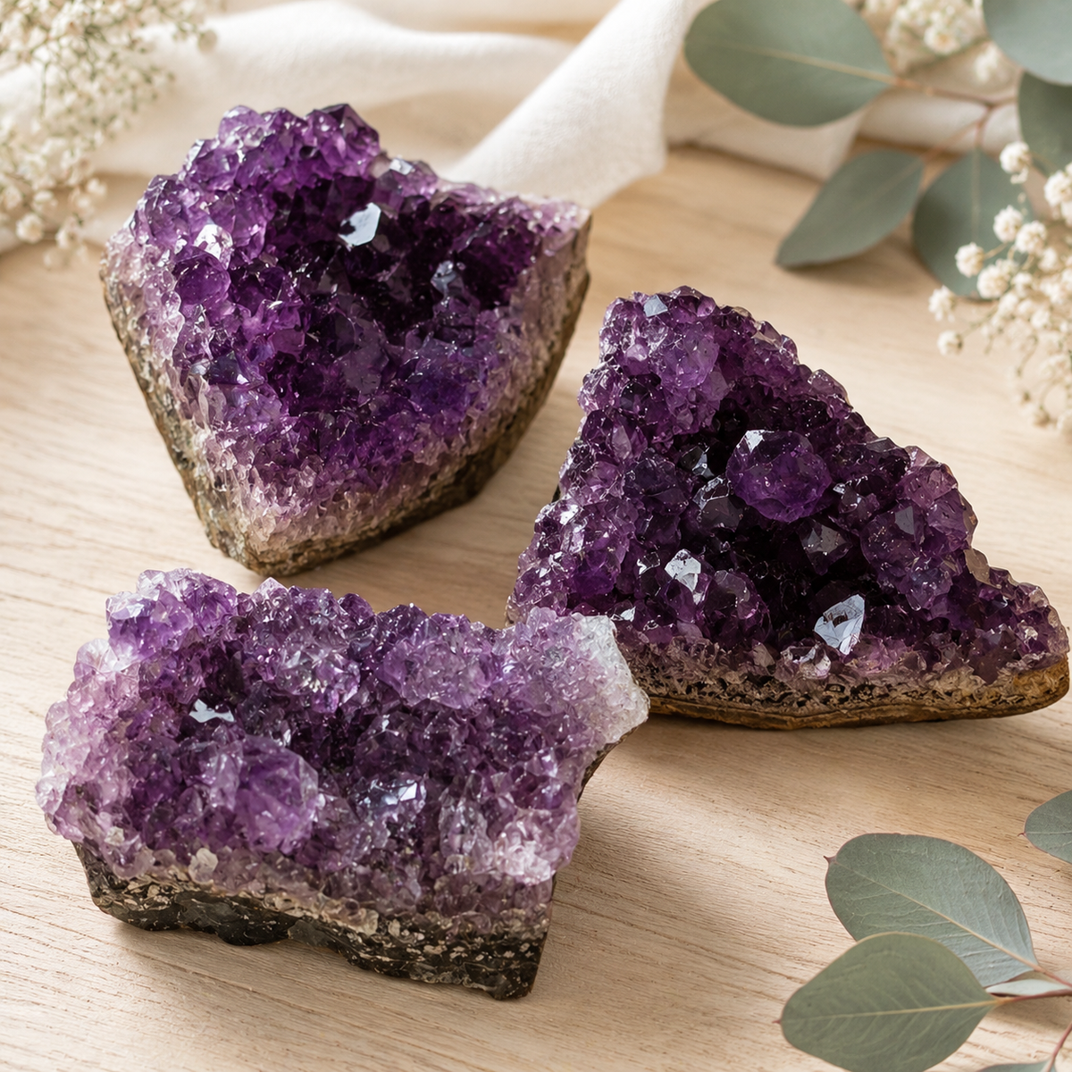 Three triangular amethyst crystal clusters with rough natural bases, arranged on a light wood surface with dried flowers and green leaves as decorative props.