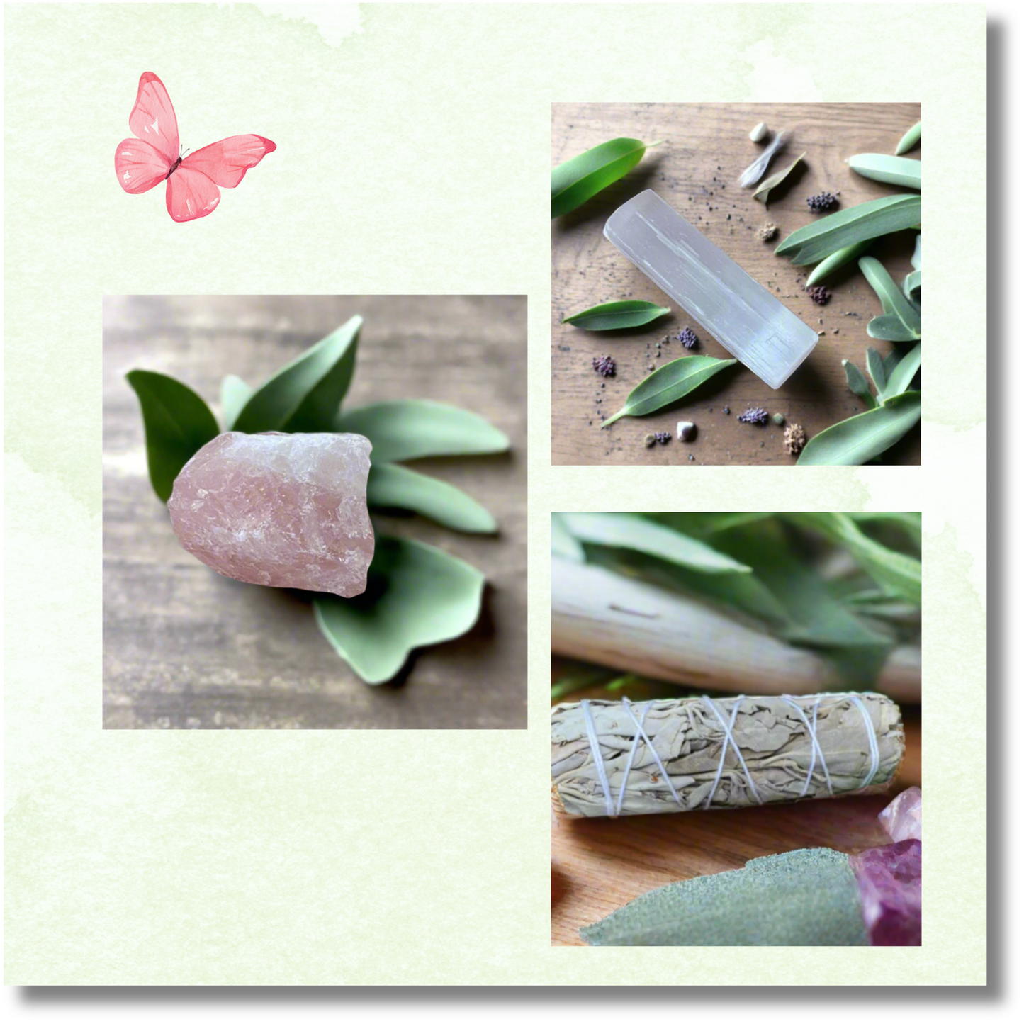 Close up collage of rose quartz cluster, selenite rod and sage stick included in the kit