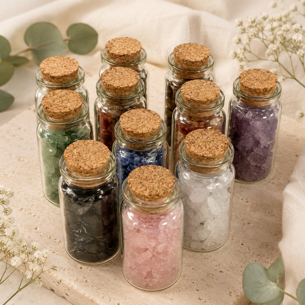 Collection of corked glass bottles filled with assorted polished crystal chips, displayed in a soft neutral Breathe & B setting.