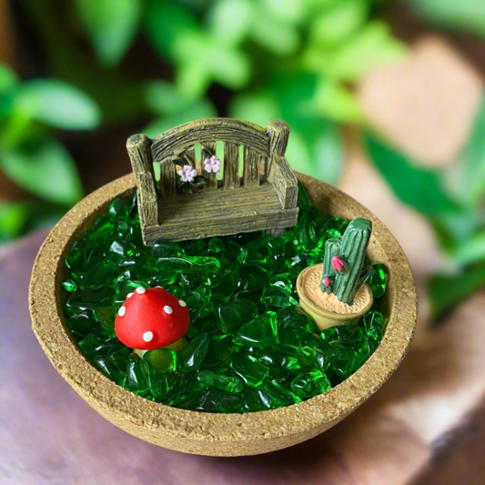 Cork Fairy Enchanted Garden with Green Obsidian Crystal Chips, Craft Catcus, bench and mini mushroom