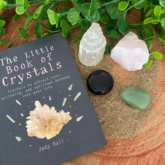 Little Book of Crystals, Rose Quartz Cluster, Black Obsidian Flat Stone, Green Aventurine Tumble Stone and Small Selenite Tower