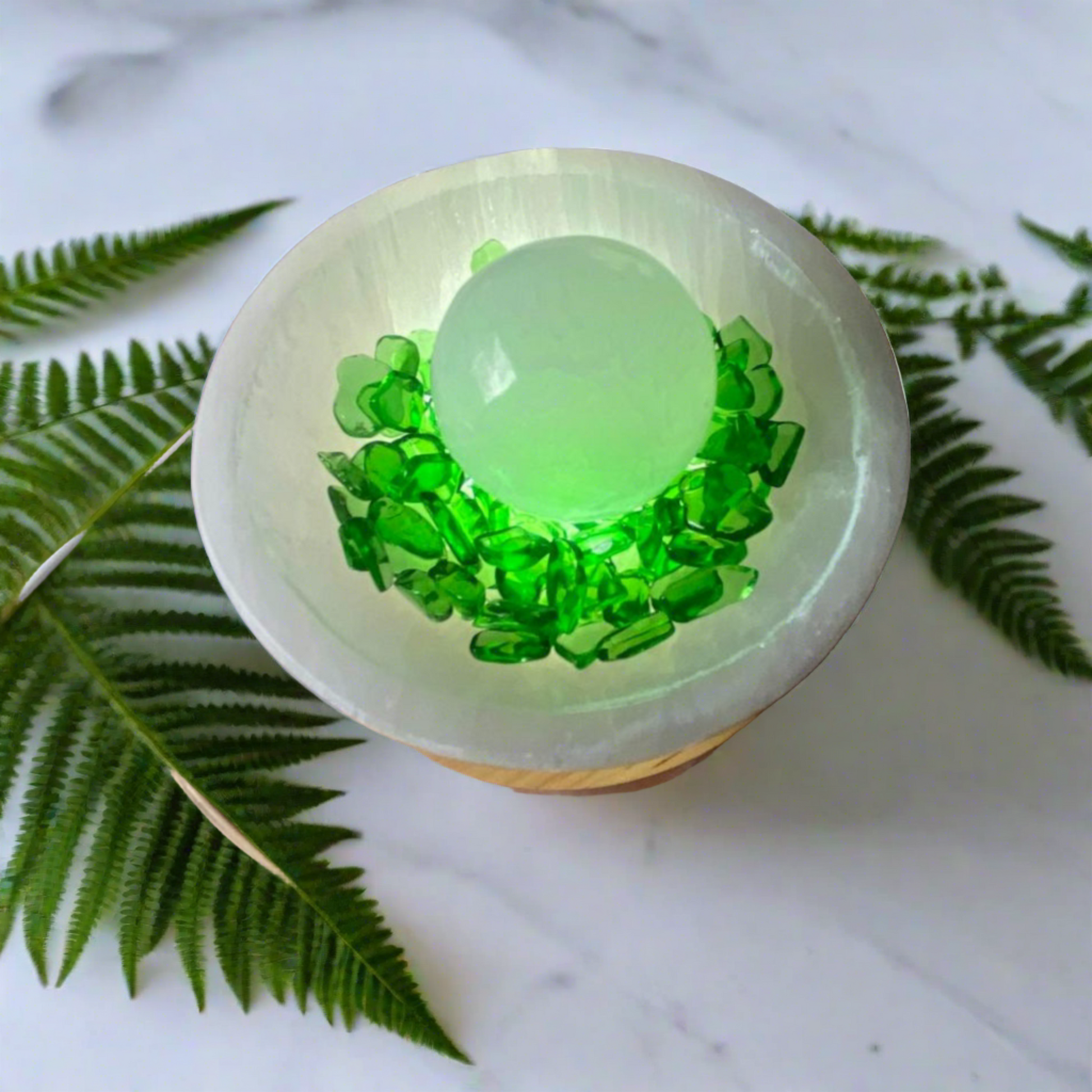 Selenite Bowl, Sphere and Green Obsidian Crystals with Free USB LED Light Base