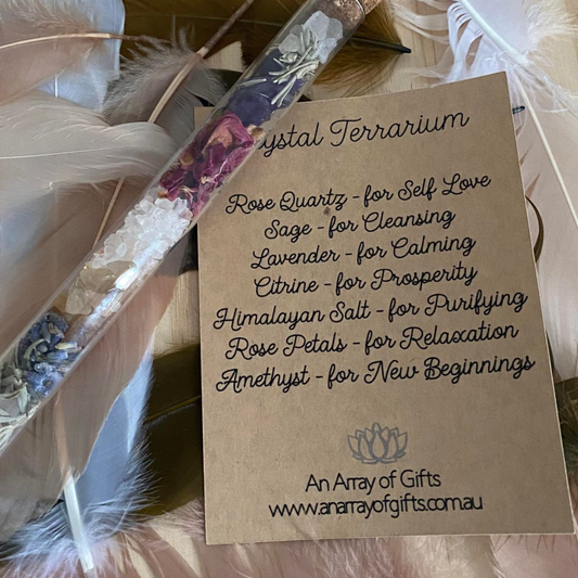Crystal Terrarium with Rose Quartz, Sage, Lavender, Citrine, Himalayan Salt, Rose Petals and Amethyst