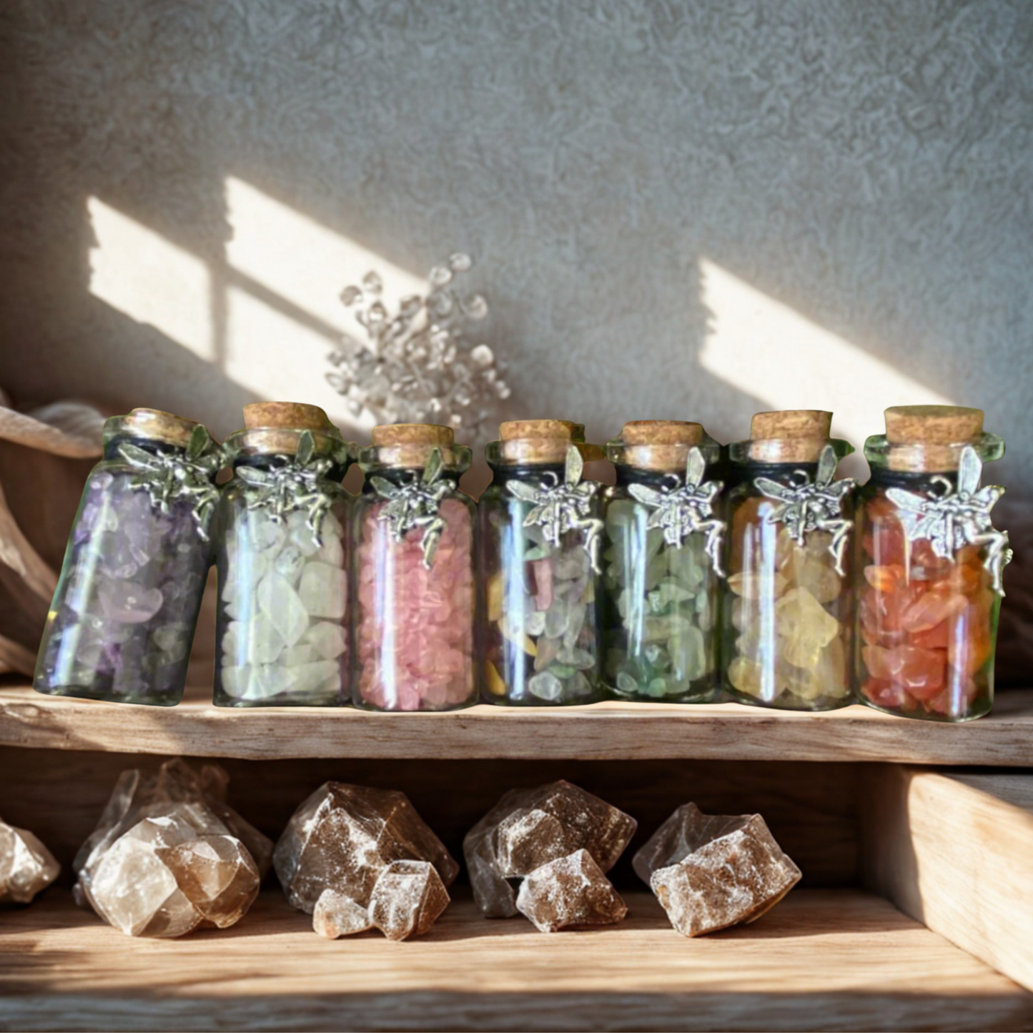 Row of glass jars with cork lids containing various colored crystal chips with fairy charm on a wooden shelf.