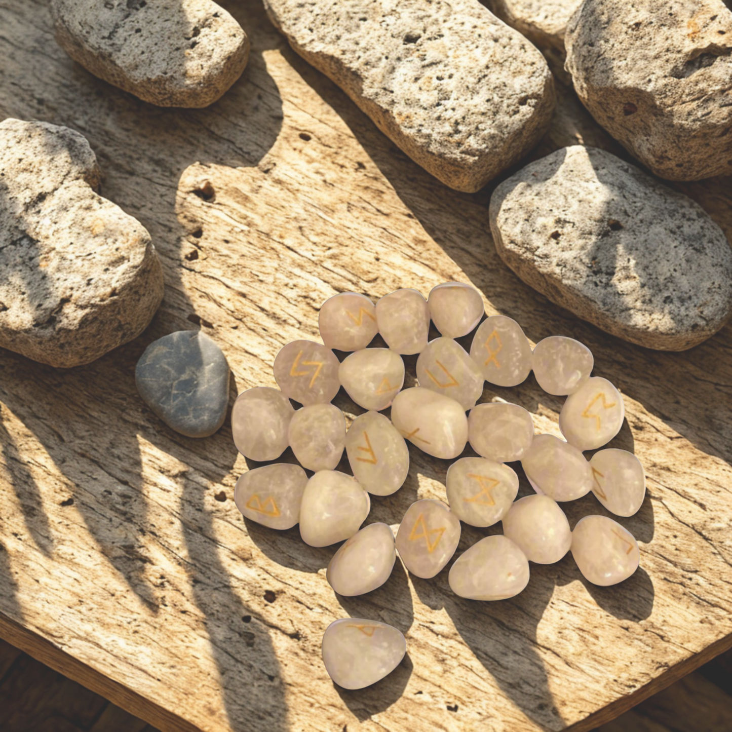 Crystal Rose Quartz Runes arranged on a wooden surface