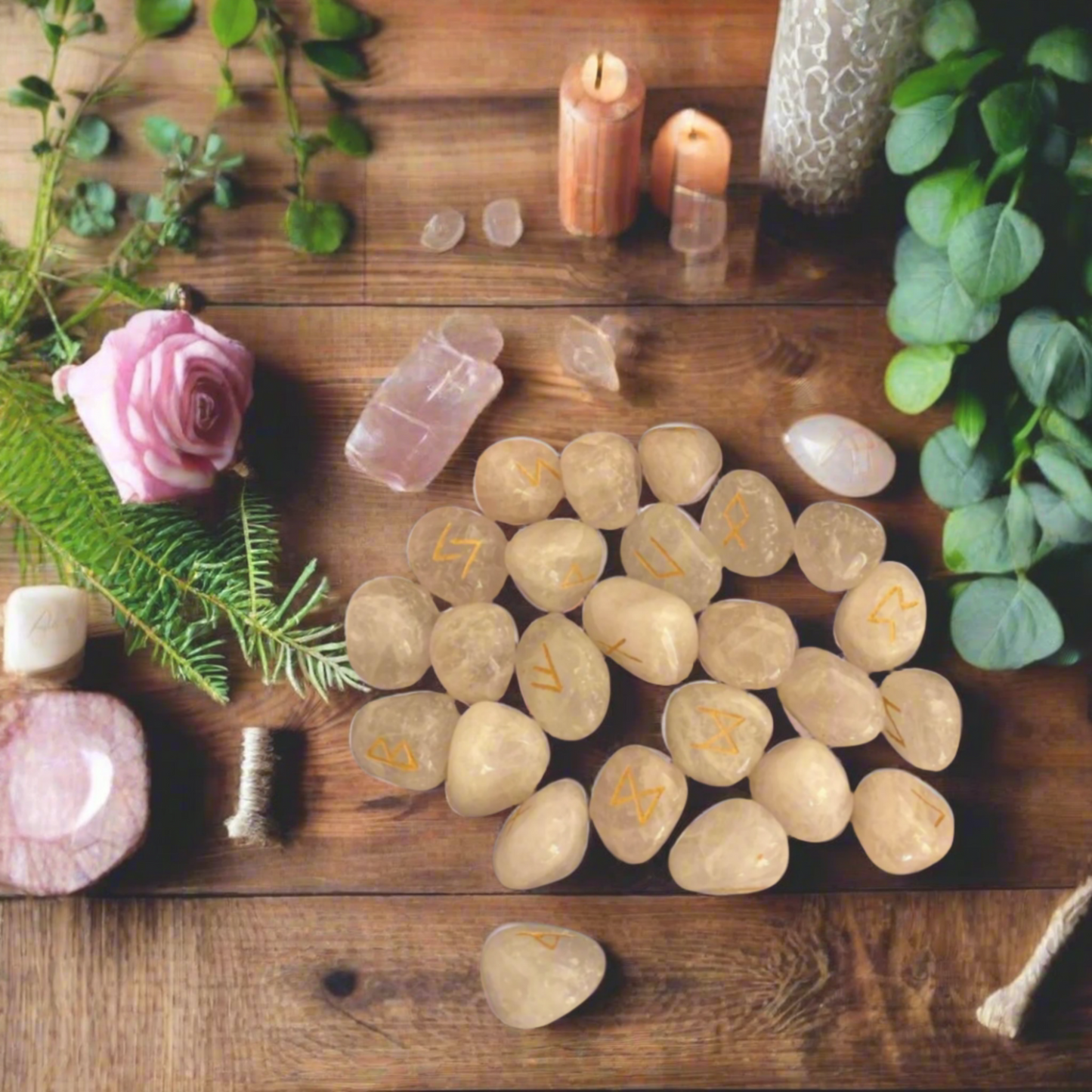 Crystal Runes  on a wooden surface with candles and flowers.