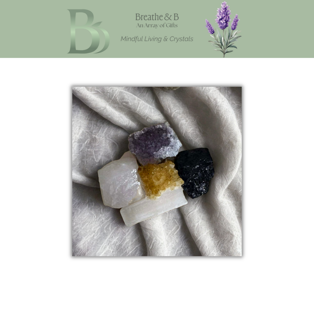 Crystal kit lifestyle image with Breathe and B branding showing meditation self care and mindfulness space with healing crystals